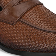 Men Premium Woven Leather Party Penny Loafers (Winston-10-Tan)