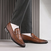 Men Premium Woven Leather Party Penny Loafers (Winston-10-Tan)