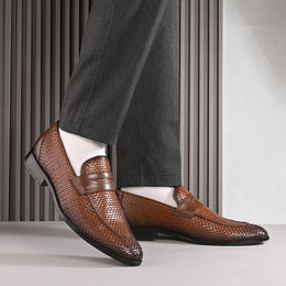 Men Premium Woven Leather Party Penny Loafers (Winston-10-Tan)