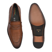 Men Premium Woven Leather Party Penny Loafers (Winston-10-Tan)