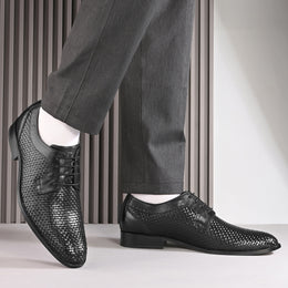 Men Premium Woven Leather Lace Up Party Shoes (Winston-55-Black)