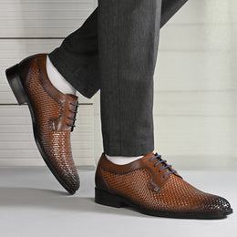 Men Premium Woven Leather Lace Up Party Shoes (Winston-55-Tan)