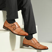 Men Premium Leather Double Monk Strap Formal Partywear Shoes (Winston-80-Tan)