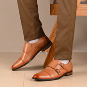 Men Premium Leather Double Monk Strap Formal Partywear Shoes (Winston-80-Tan)