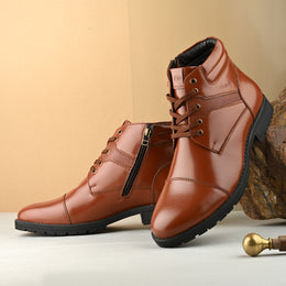 Men Premium Leather Police Lace-Up Ankle Boots with Side Zipper (Global-86-Tan)